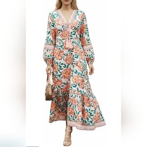 Floral Long Sleeve‎ Boho Maxi Dress.Romantic,Tiered,Cottagecore,Peasant. LARGE